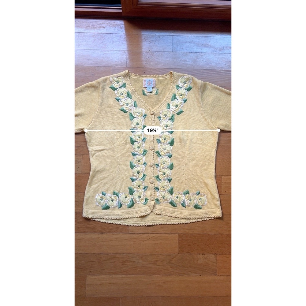 Vintage Yellow Cotton Cardigan Floral Embroidery Short Sleeve Cottagecore S - Picture 8 of 9